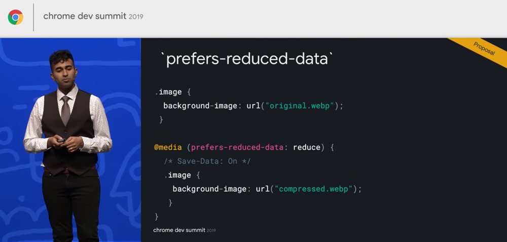 Andi Osmani is talking about prefers-reduced-data at Google Dev Summit 2019