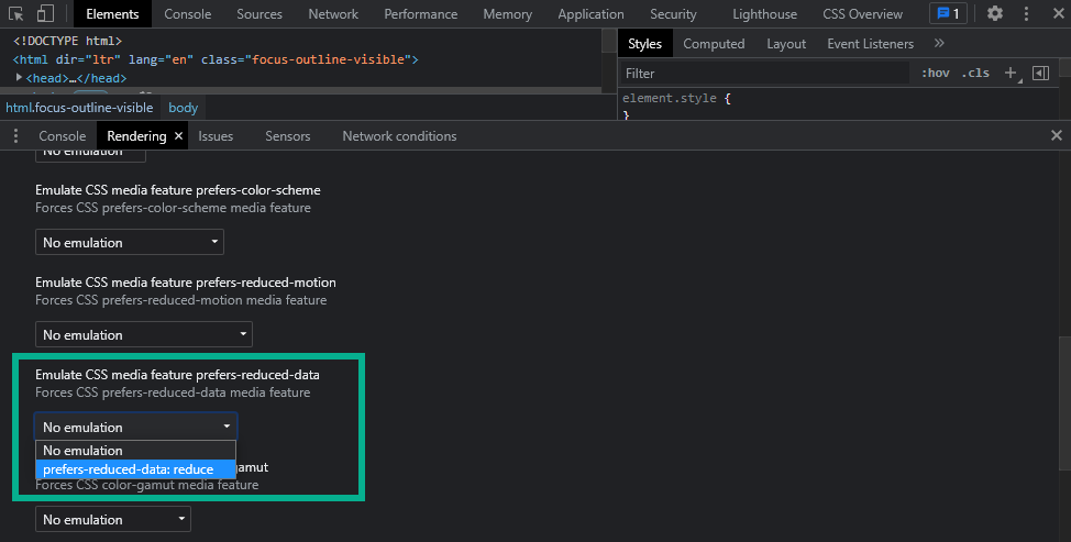 Choose prefers-reduced-data from the drop down menu