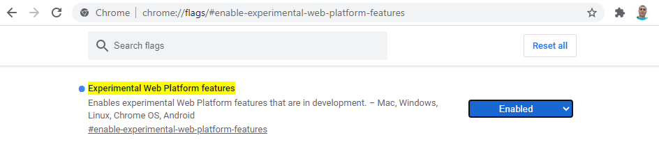 Enable Google Chrome Experimental Web Platform features