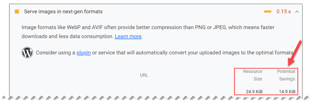 Lighthouse report showing potential savings in images
