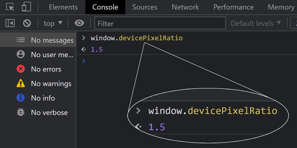 Google Chrome DevTools showing device pixel ratio in the console tab