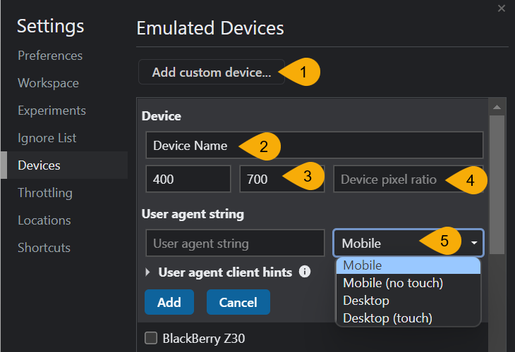 Steps of adding a custom mobile device to the DevTools with special DPR