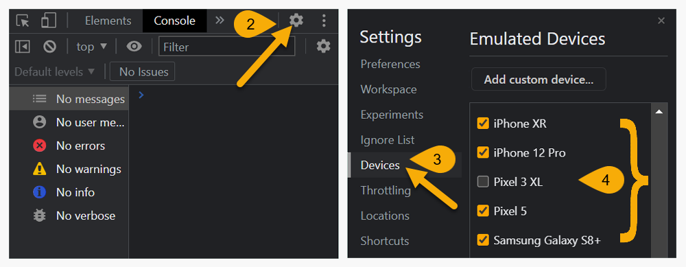 Steps of adding predefined mobile device to DevTools