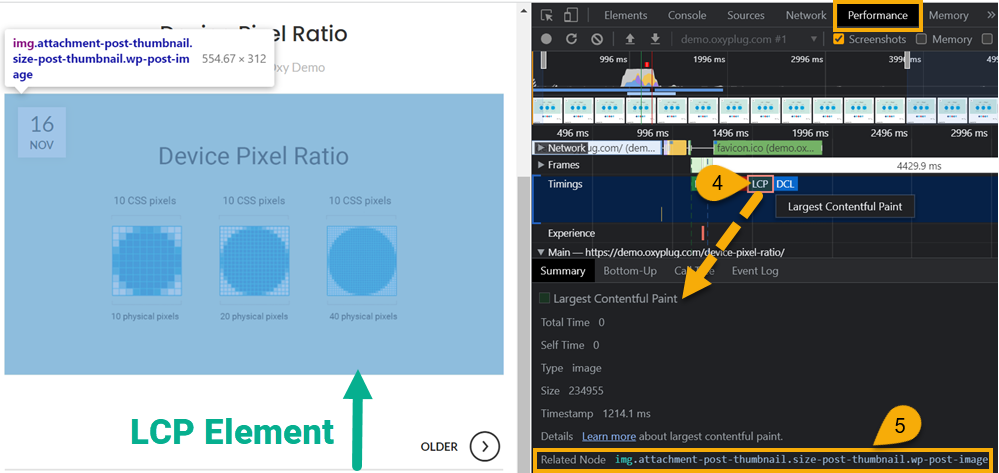 LCP element in DevTools performance tab