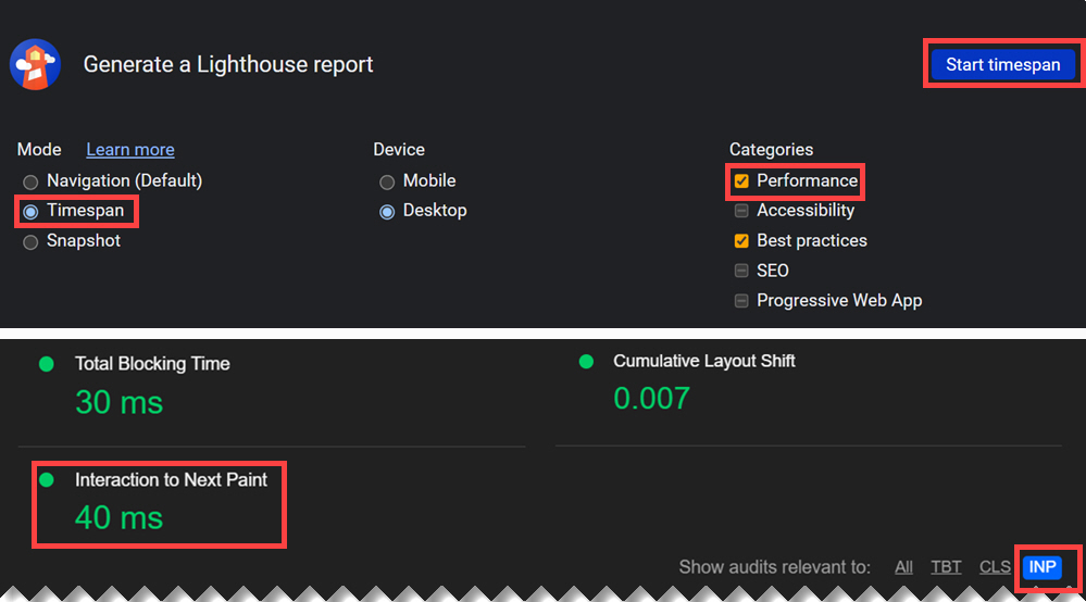 Finding INP score result using Chrome DevTools Lighthouse