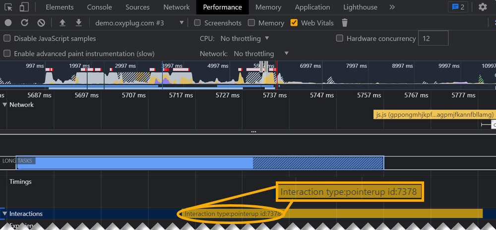 Finding long interaction in DevTools performance tab