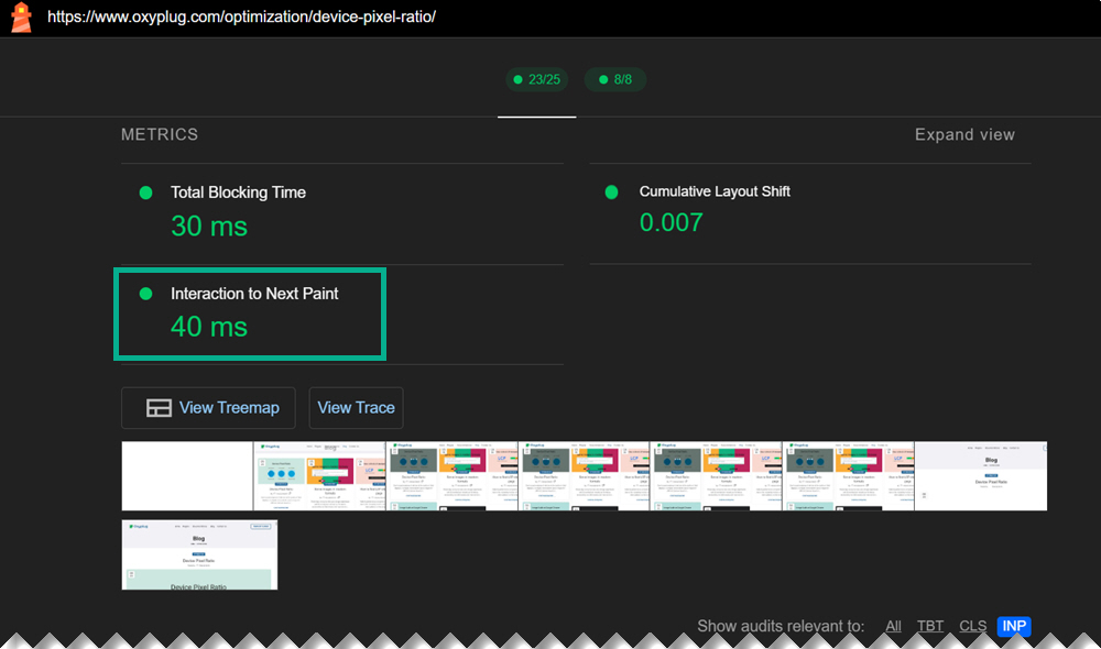 INP score measured by Lighthouse in Chrome DevTools