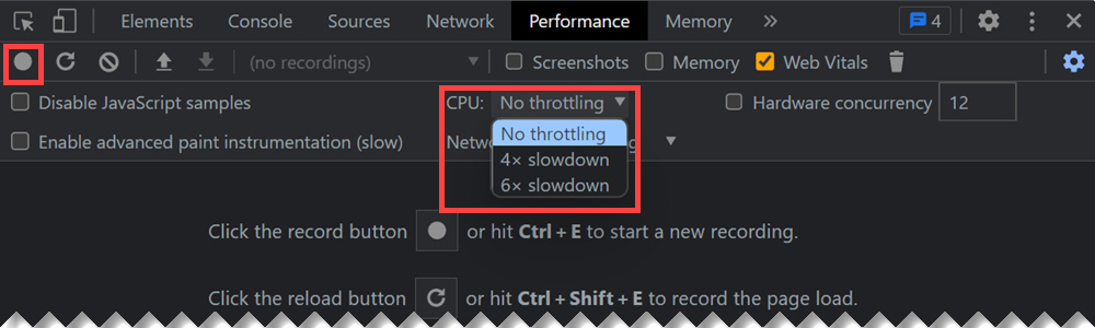 Recording page performance using CPU Throttling feature in Chrome DevTools