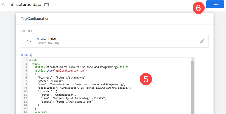Structured data sample in custom HTML tag in GTM