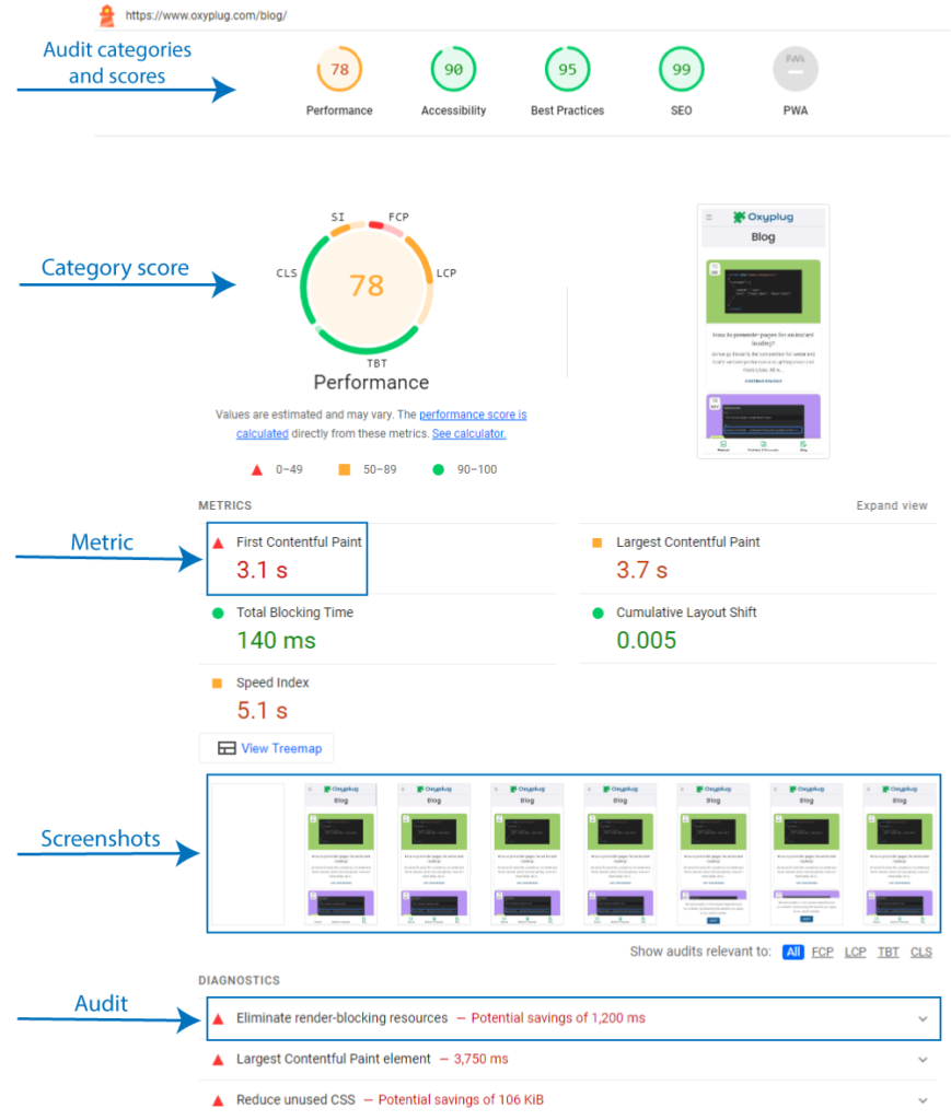 Google Lighthouse report terminology