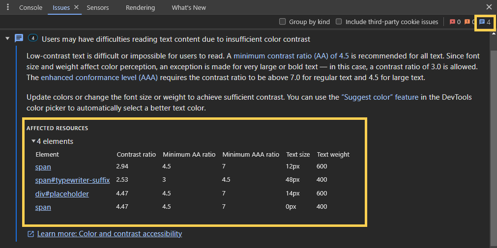 Automatic contrast ratio report in Google Chrome DevTools