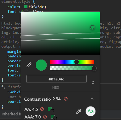 Checking contrast ratio based on AA/AAA standard in Google using Chrome DevTools color picker