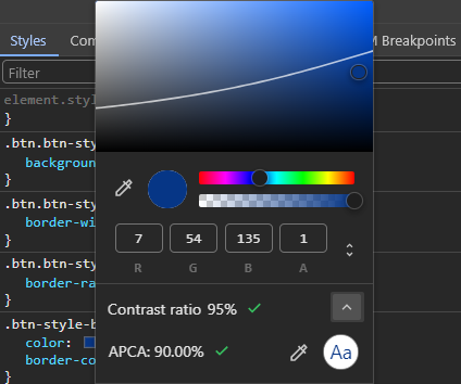 Checking contrast ratio based on APCA standard in Google using Chrome DevTools color picker