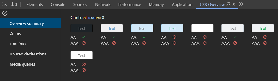 Contrast ratio report in CSS Overview based on AA/AAA standard