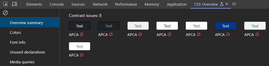 Contrast ratio report in CSS Overview based on APCA standard