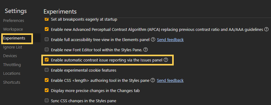 enabling automatic contrast ratio reporting in Google Chrome DevTools