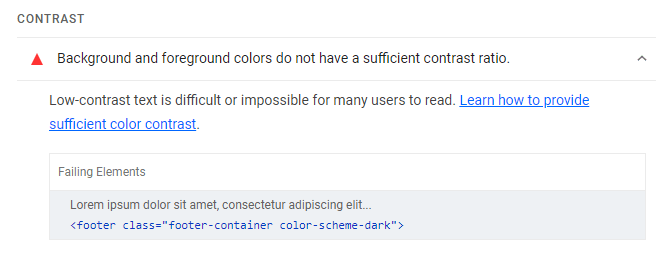 Google Lighthouse contrast ratio issue report