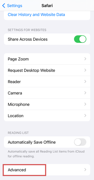 Advanced section in Safari app on iOS device
