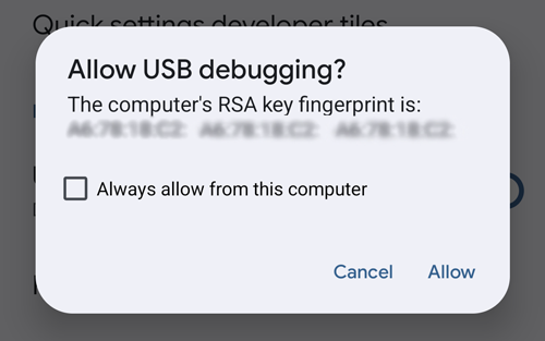 Allow USB debugging prompt message on Android device