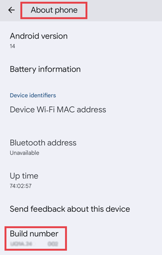 Android device Build Number location