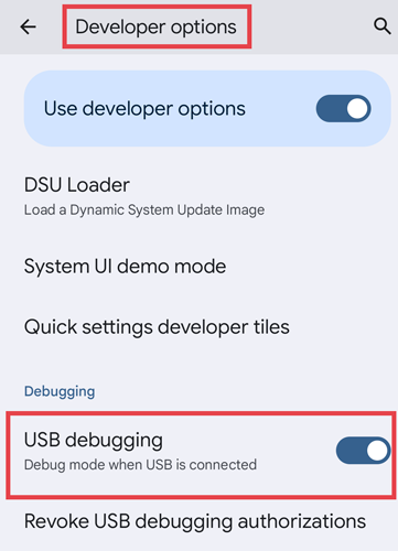 Enabling USB debugging in Developer Options on Android device
