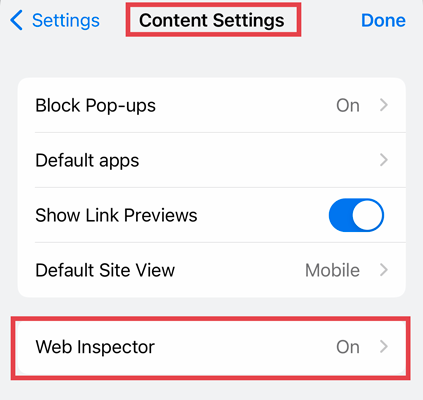 Enabling web inspector in Content Settings in iOS Chrome app