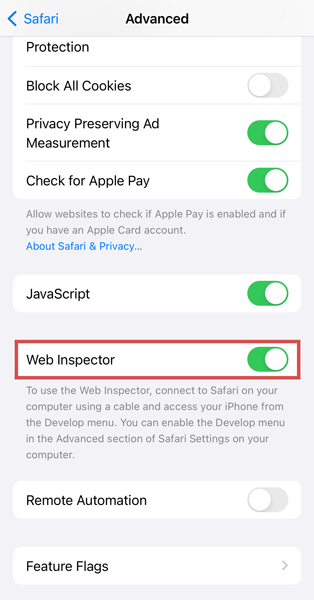 Enabling Web Inspector in Safari app on iOS device
