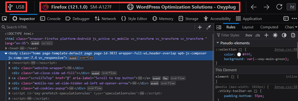 Firefox developer tools in remote debugging process