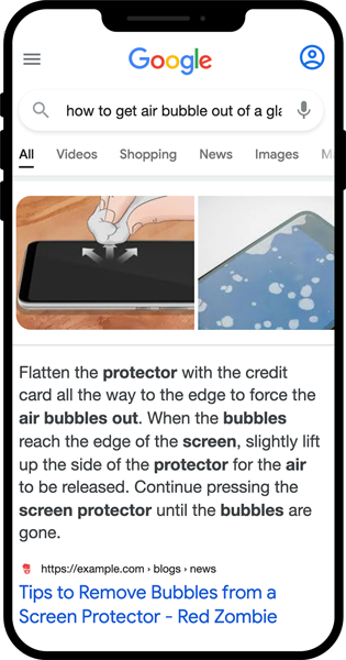 How-to rich snippet example in Google Search result showing the result for how to air bubble out of a glass protector