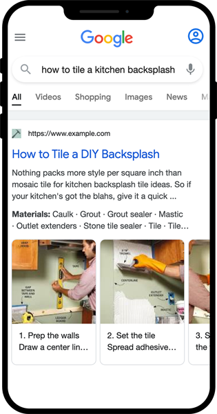 How-to rich snippet example in Google Search result showing the result for how to tile a DIY backsplash with 3 steps