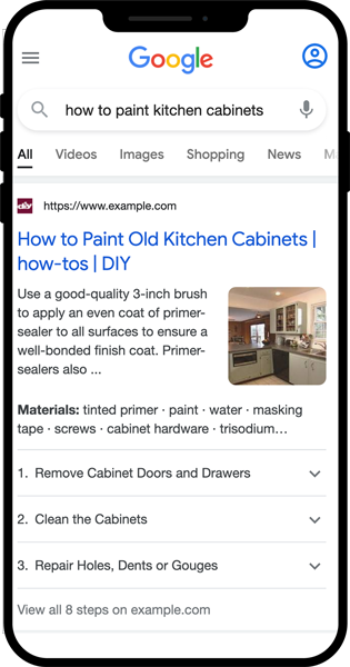How-to rich snippet example in Google Search result showing the result for how to paint old kitchen cabinets